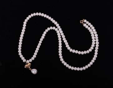 Freshwater Pearl Necklace with 14K Gold Heart Drop and Teardrop Pave