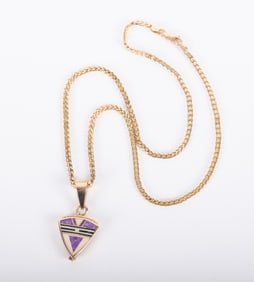 14K Yellow Gold Inlaid Pendant by Ray Tracey along with a 14k Chain