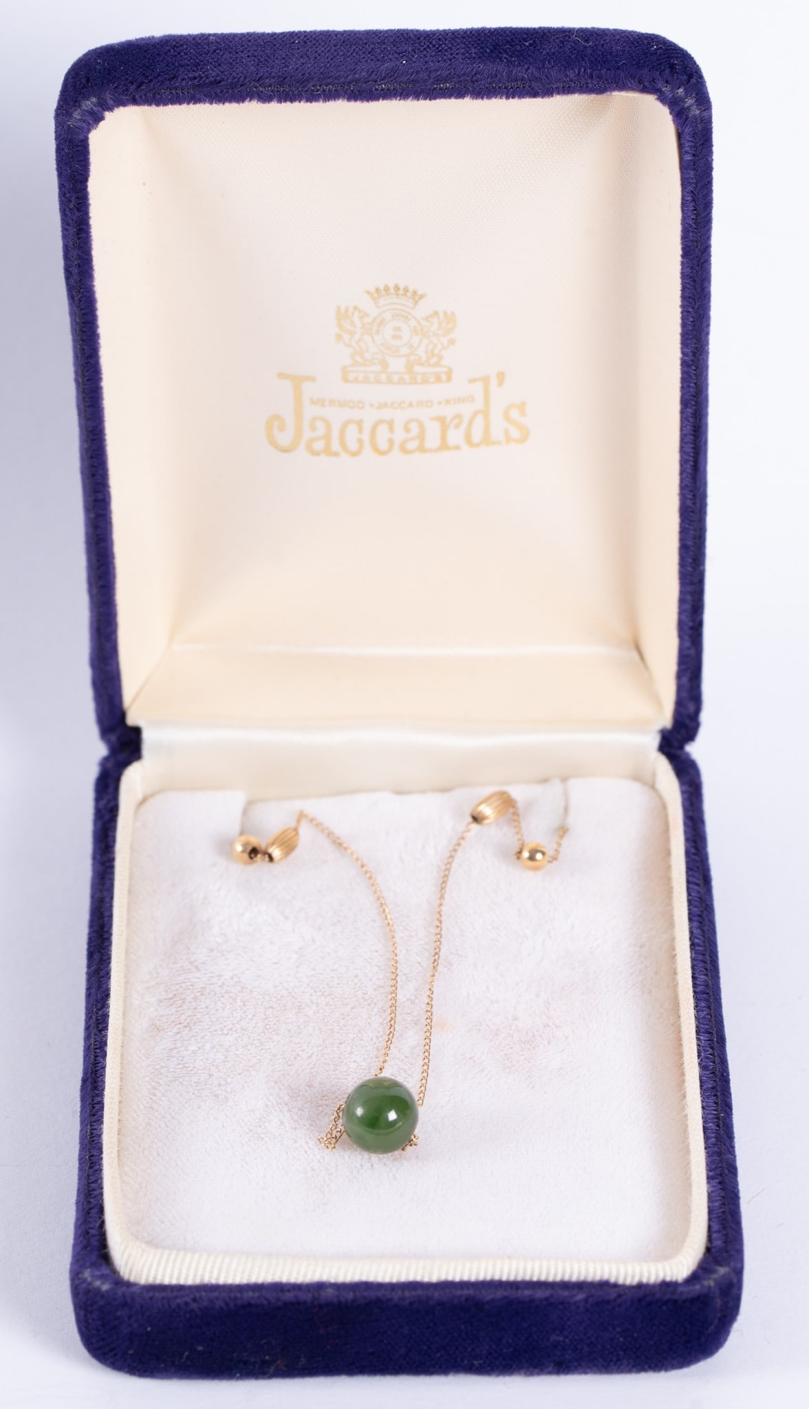 Jade Pendant Necklace on 14K Yellow Gold Chain from Jaccard's, St. Louis: Jade Pendant Necklace on 14K Yellow Gold Chain from Jaccard's, St. Louis in original Jaccard's velvet box, length 16 inches; clasp needs replacing.