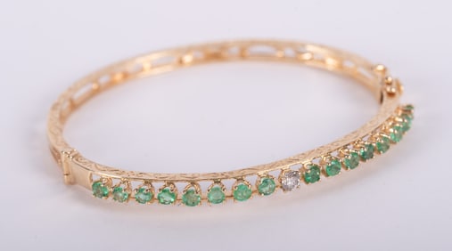 14k Gold Bangle Bracelet with Emeralds and Diamond