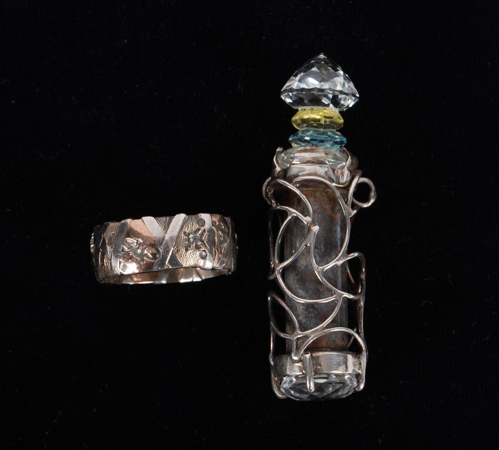 14K Sterling Ring paired with a Kaleidoscope Style Pendant: 14K Sterling Ring paired with a Kaleidoscope Style Pendant The ring is signed and dated and is a size 8 1/2. The sterling crystal pendant is nicely made and a very fun piece. Measures 2 inches long.