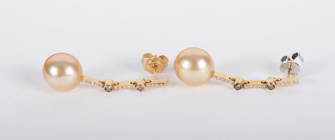 Outstanding South Sea Pearl Drop Earrings with Diamonds set in 18K Yellow Gold