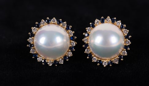 Superb 18K Yellow Gold Mabe Pearl, Diamond & Sapphire Earrings