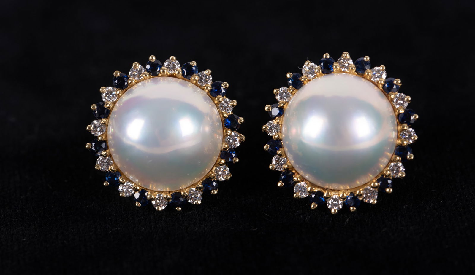 Superb 18K Yellow Gold Mabe Pearl, Diamond & Sapphire Earrings (1 of 2)
