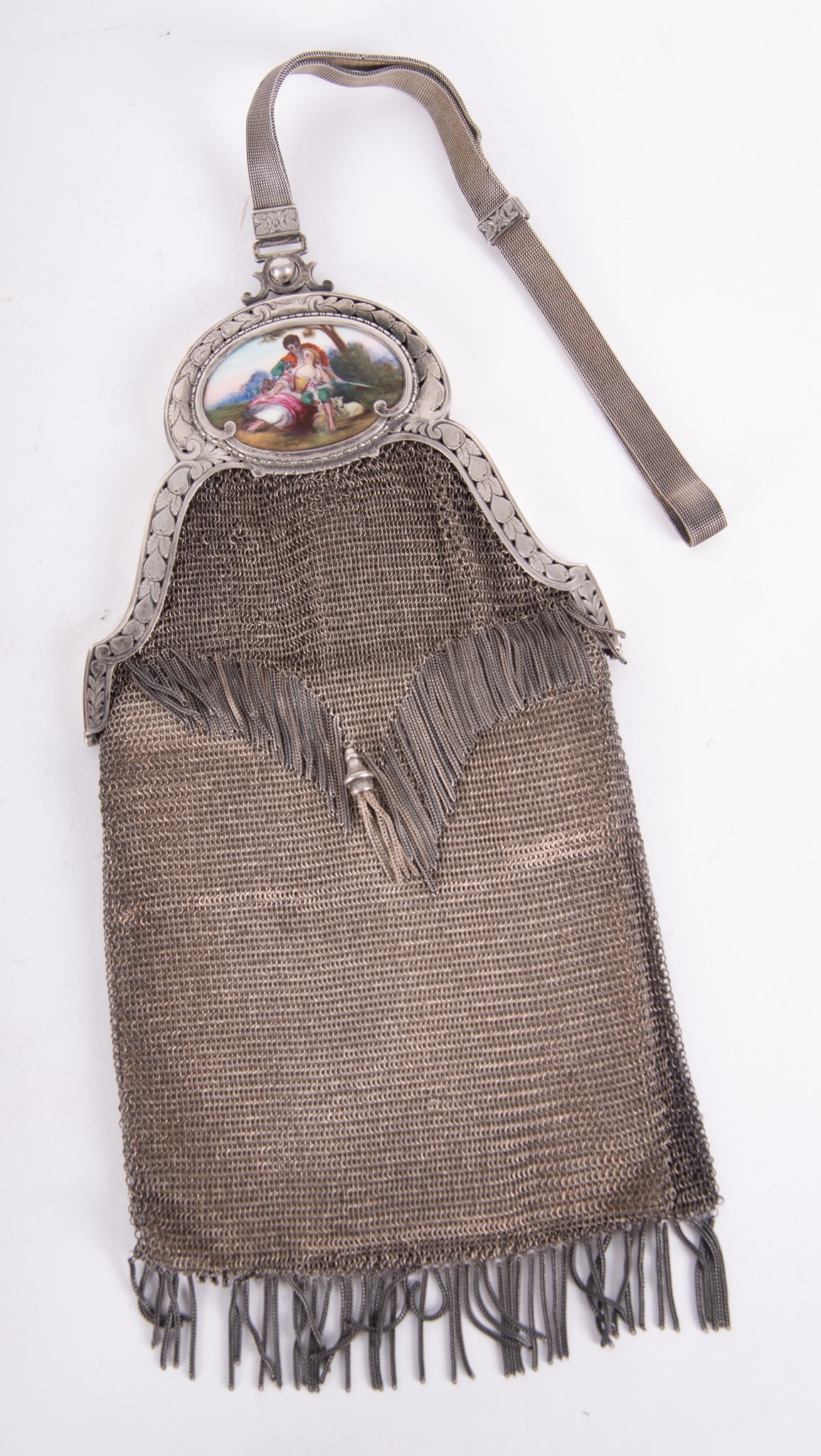 An Outstanding 800 Silver Mesh Bag with a Beautifully Enameled Centerpiece: An Outstanding 800 Silver Mesh Bag with a Beautifully Enameled CenterpieceThis bag measures 11 inches long including the fringe. The strap is 8 1/2 inches long. It weighs 330g. The enameled scene has