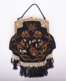 A Superb Antique Beaded Bag with a Carved Bakelite Frame