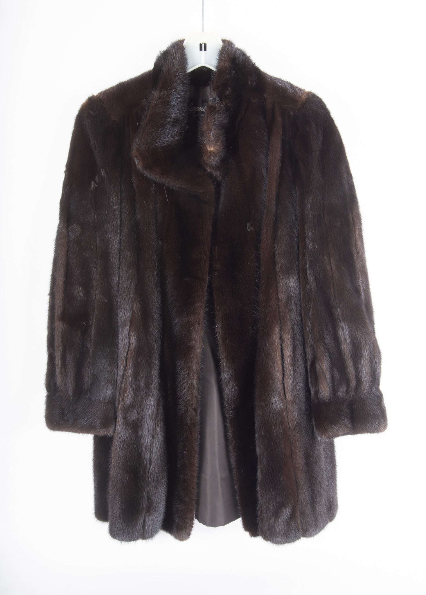 Fine Dark Mink Stroller by Leppert Roos: Fine Dark Mink Stroller by Leppert Rooswith Mandarin style collar, excellent condition; stored at The Fur Centre, Clayton, Missouri; length 34 inches, sleeve length 24 inches, shoulder to shoulder 16