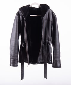Wilsons Genuine Black Leather Long Jacket with Shearling Lining and Hood