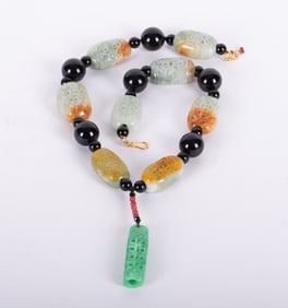Jade, Onyx, Coral, and Ruby Necklace