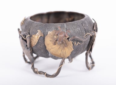 A Fine Japanese Mixed-Metal Okimono of a Lotus Bloom