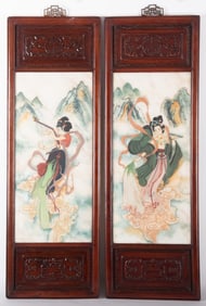 Pair of Chinese Painted Marble Plaques