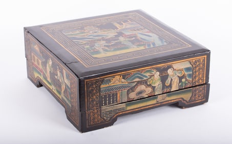 Large Black Lacquered and Polychrome Painted Presentation Box