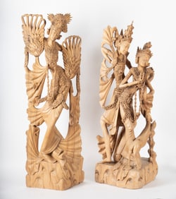 Two Balinese Wood Carvings, Rama and Sita along with Dancer Goddess