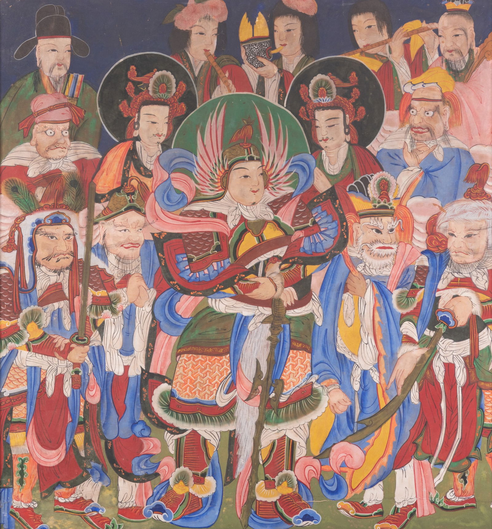 Altar Painting of Guardian Deities: Altar Painting of Guardian Deities Likely Chinese, ink and color painting on textile linen. Framed. 42 1/2 x 39 1/4 inches; 45 x 42 inches (overall with frame)