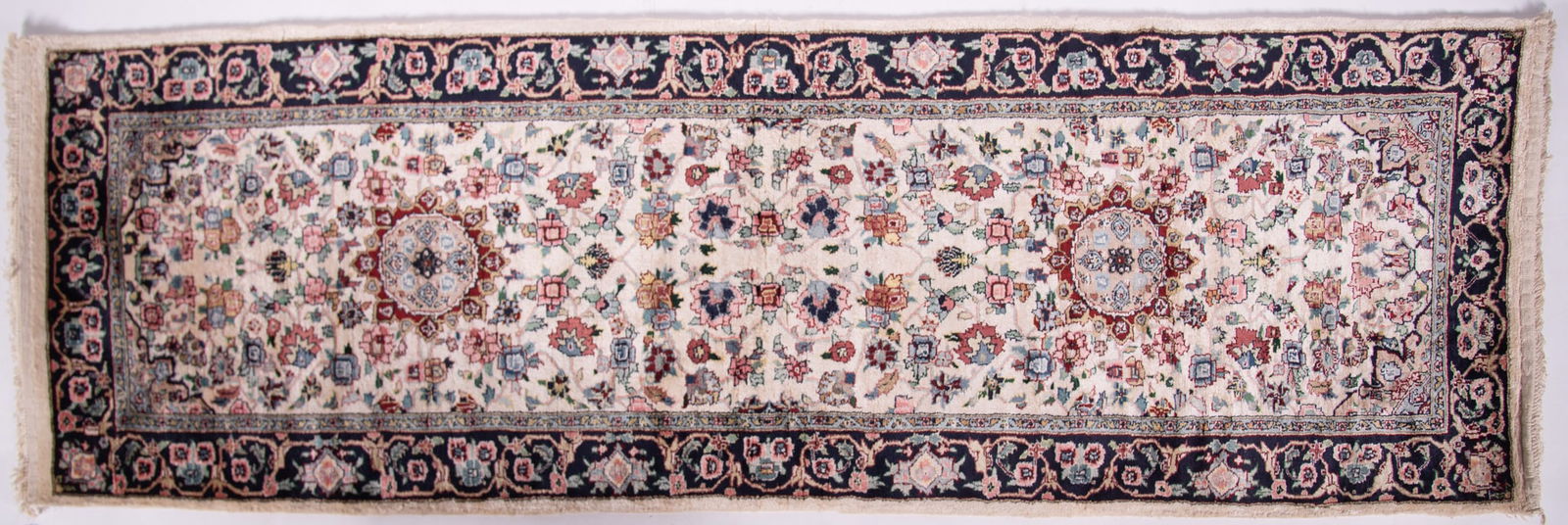 Handwoven Persian Runner: Handwoven Persian Runner Two circular and lobed medallions in red, grey and blue on ivory vine and floral field having a dark primary border. 2' 7" x 8'
