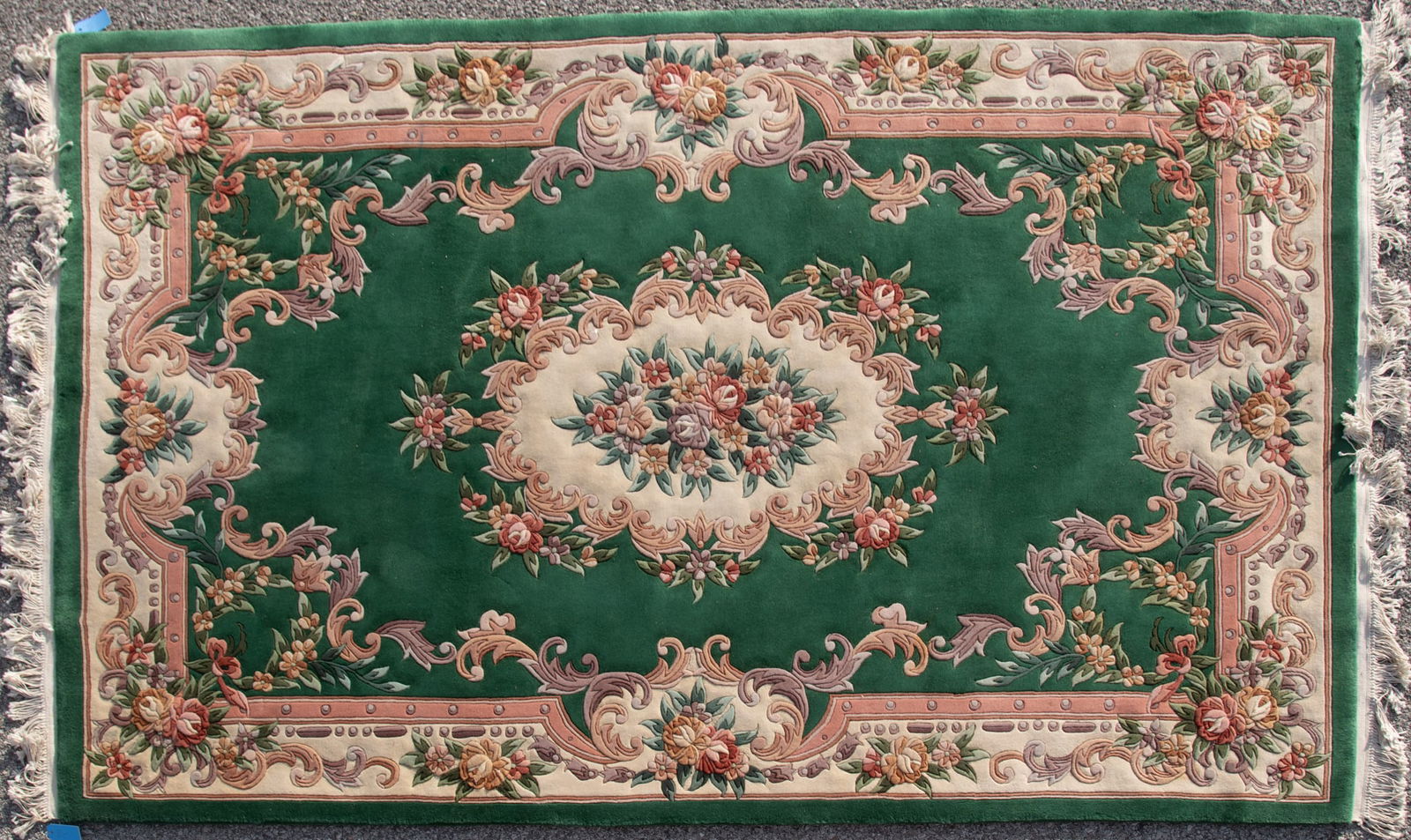 Handwoven Aubusson Design Room Rug: Handwoven Aubusson Design Room Rug Green field with all over sculpted floral garlands in shades of ivory and green. 6' x 9"4