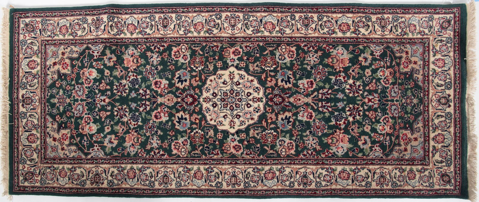 Handwoven Persian Runner: Handwoven Persian Runner Central floral and ivory medallion centering a green floral field amid a matching ivory border. 2' 6" x 6'