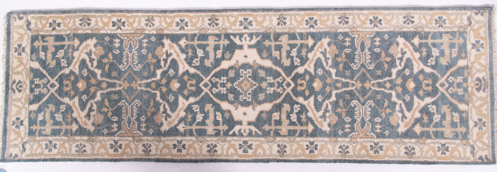 Handwoven Persian Oushak Runner: Handwoven Persian Oushak Runner Blue/ Grey field with geometric and floral designs with a tan floral filled border. 2' 7" x 8' 2"