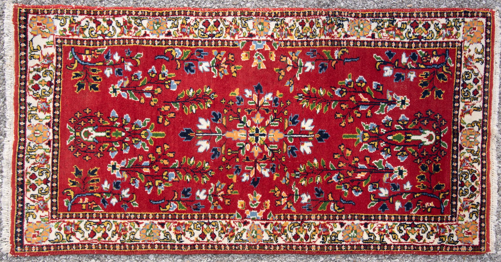 Semi Antique Handwoven Persian Tabriz Throw Rug: Semi Antique Handwoven Persian Tabriz Throw Rug Red field with all over tree of life pattern within a floral ivory border. 2' x 4'