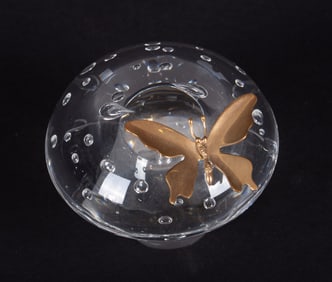 A Crystal Mushroom with 18K Butterfly, James Houston for Steuben