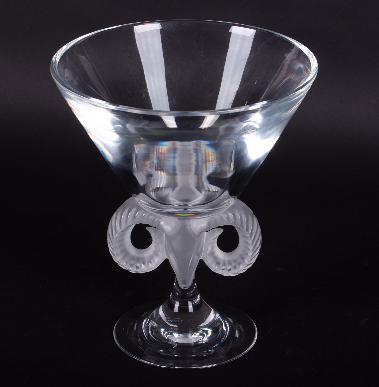 A Lalique Crystal Aries Pedestal Bowl: A Lalique Crystal Aries Pedestal Bowl France, from a design by Marc Lalique, the clear and frosted crystal bowl having a central Ram's head stem emblematic of Aries. 7 1/2 inches diameter, 8 3/4
