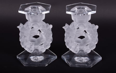 A Pair of Lalique Mesanges Lovebird Candle Holders