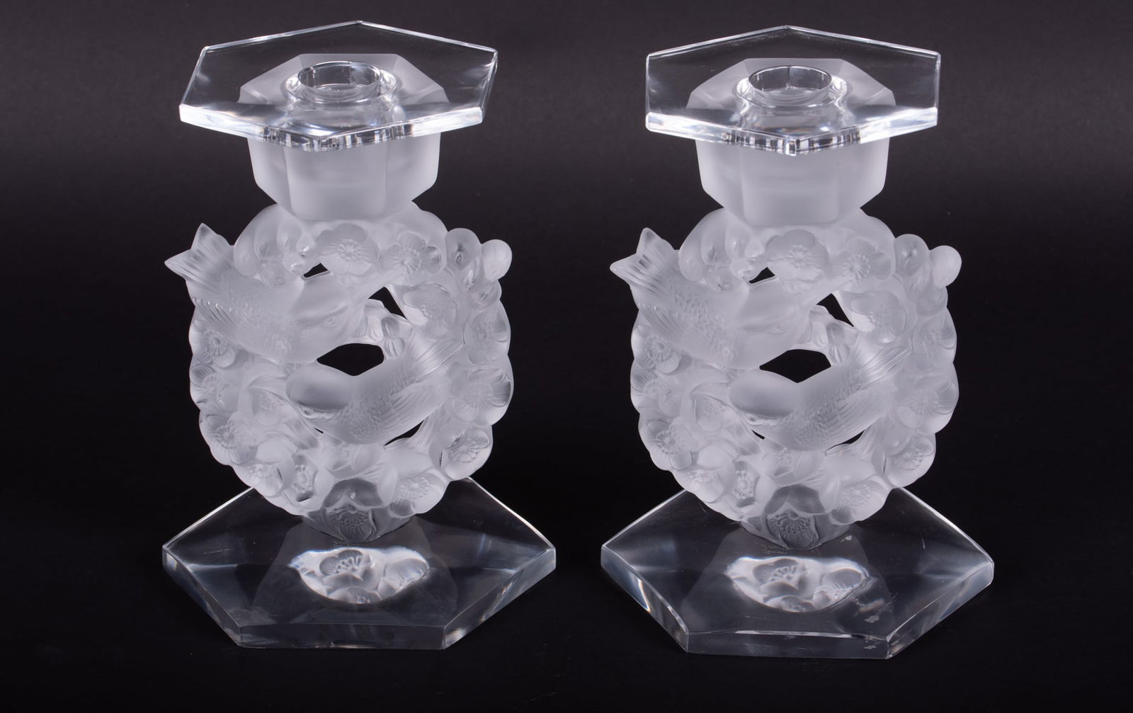 A Pair of Lalique Mesanges Lovebird Candle Holders (1 of 4)