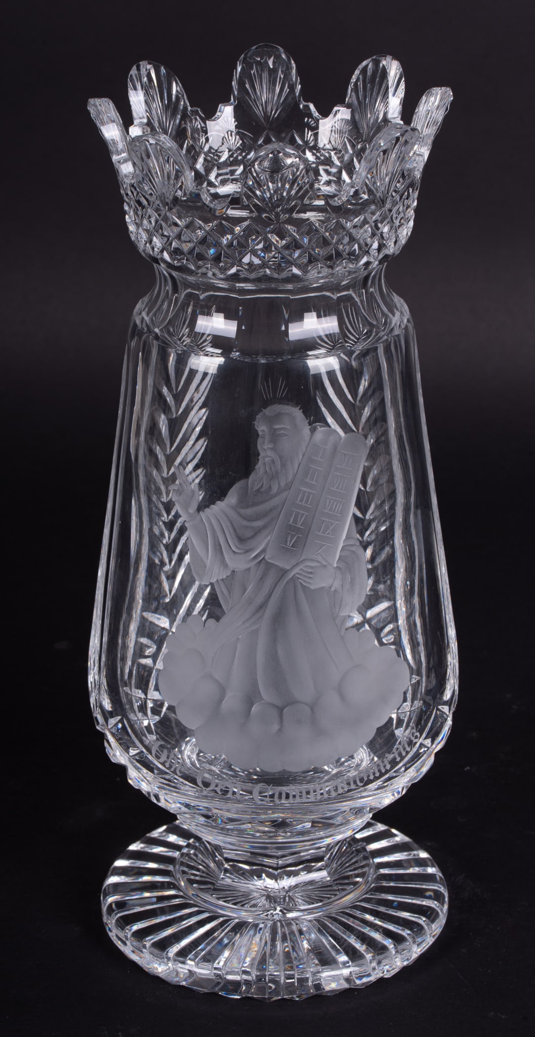 A Waterford Cut and Engraved Ten Commandments Moses Vase: A Waterford Cut and Engraved Ten Commandments Moses Vase Ireland, the front of the vase hand engraved with an image of Moses holding the Ten Commandments. Produced in 1972, 103 in a limited edition