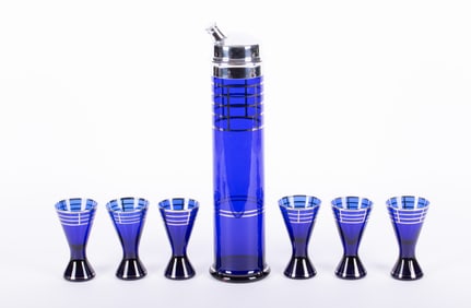 An Art Deco Cobalt and Chrome Skyscraper Cocktail Shaker and Glasses