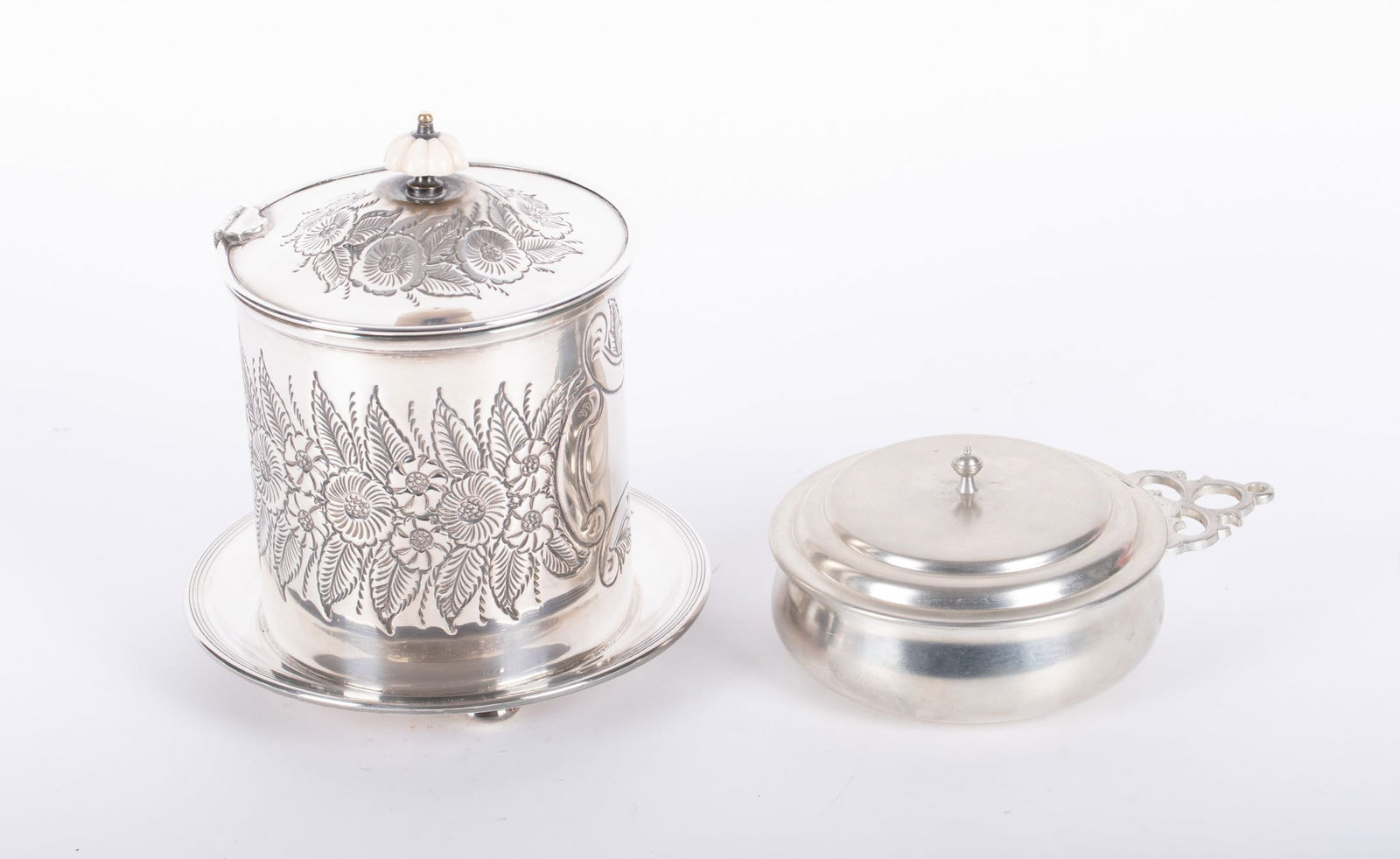 Antique English Sheffield Silver Plated Biscuit Box along with a Lidded Pewter Porringer (1 of 4)