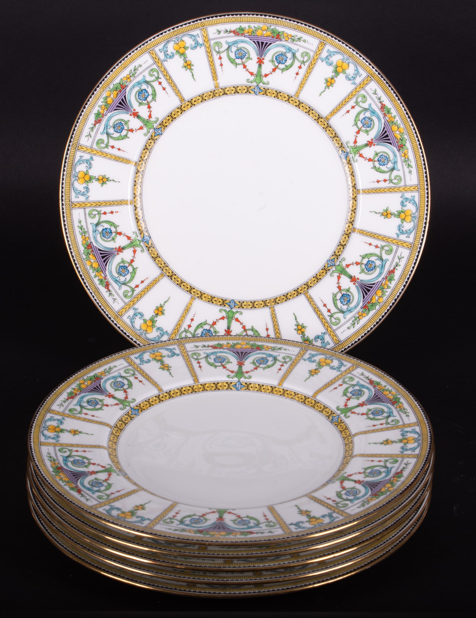 Six English Minton Enameled Porcelain Dinner Plates, Late 19th-Early 20th Century: Six English Minton Enameled Porcelain Dinner Plates, Late 19th-Early 20th CenturyEngland, late 19th/early 20th century, a beautiful set of six 10 inch plates, the boarders decorated with compotes full
