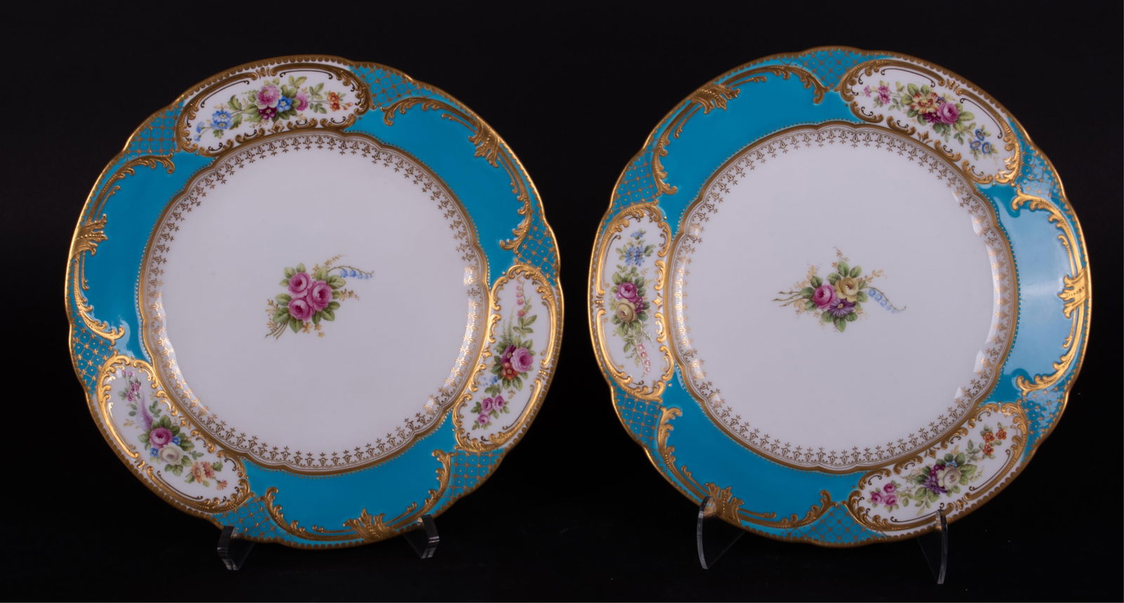A Superb Pair of Spode Copelands Cabinet Plates: A Superb Pair of Spode Copelands Cabinet PlatesEngland, circa 1896, retailed by T. Goode & Co. London, the pair of plates with a celeste blue boarder highlighted with enameled floral cartouches heavy