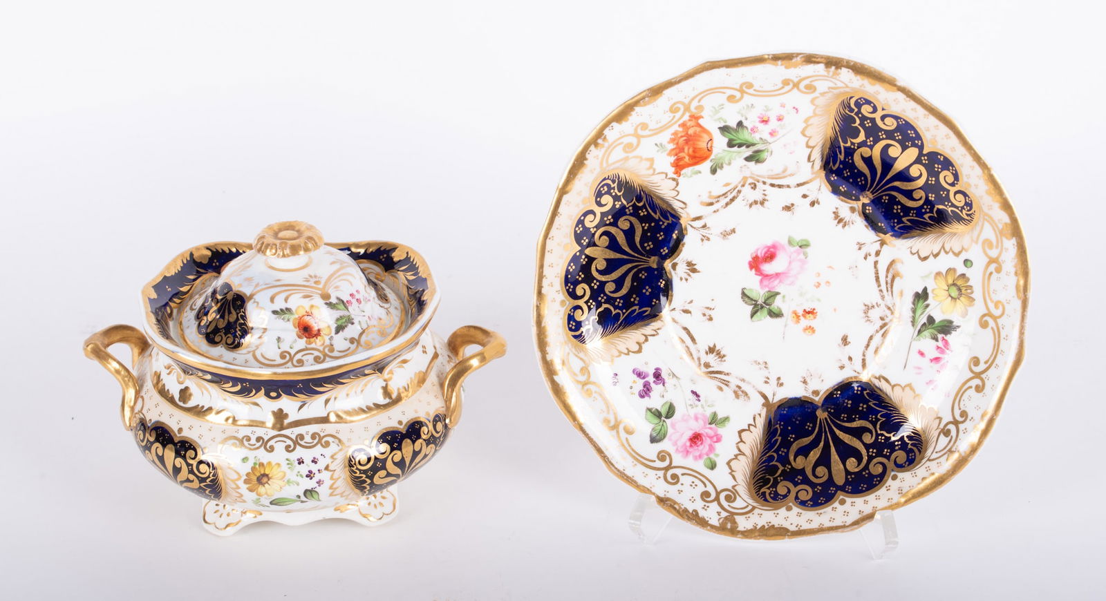 An Antique English Painted Porcelain Covered Bowl and Underplate (1 of 4)