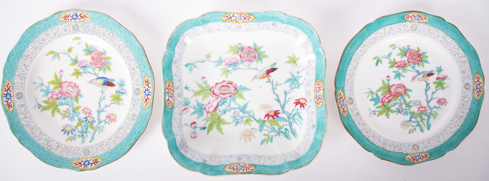 Three Antique Minton Felspar Table Items, Pattern 3084: Three Antique Minton Felspar Table Items, Pattern 3084England, 19th century, an 8 inch square serving bowl, a 8 3/4 inch plate, and a 8 inch plate in Minton's Cuckoo pattern #3084, each having a turqu
