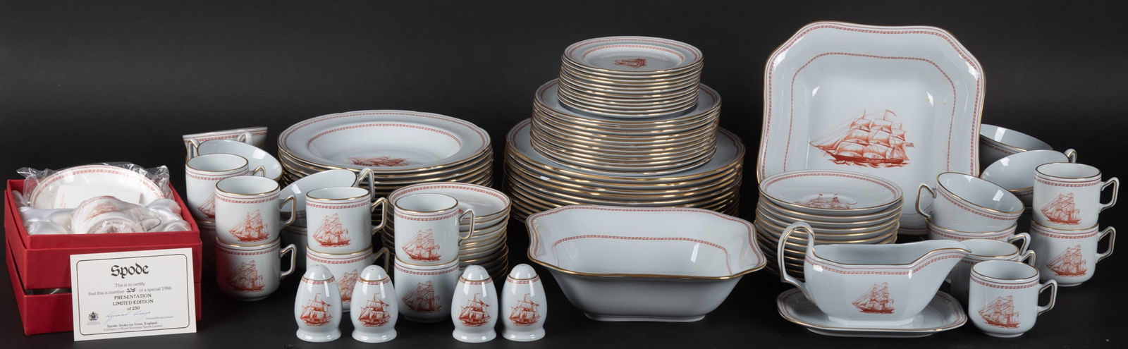 Copeland Spode Trade Winds Red Dinner Service for Twelve: Copeland Spode Trade Winds Red Dinner Service for TwelveWith the names of the sailing vessels verso, 103 pieces total. (12) Twelve dinner plates 10 1/4 inch. (12) Twelve salad plates 8 inch. (12) Twel