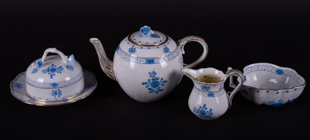 A Collection of Four Herend Blue Garden Floral Serving Pieces