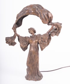 An Art Nouveau Bronze Table Lamp, Dancer with Scarf after Agathon Leonard