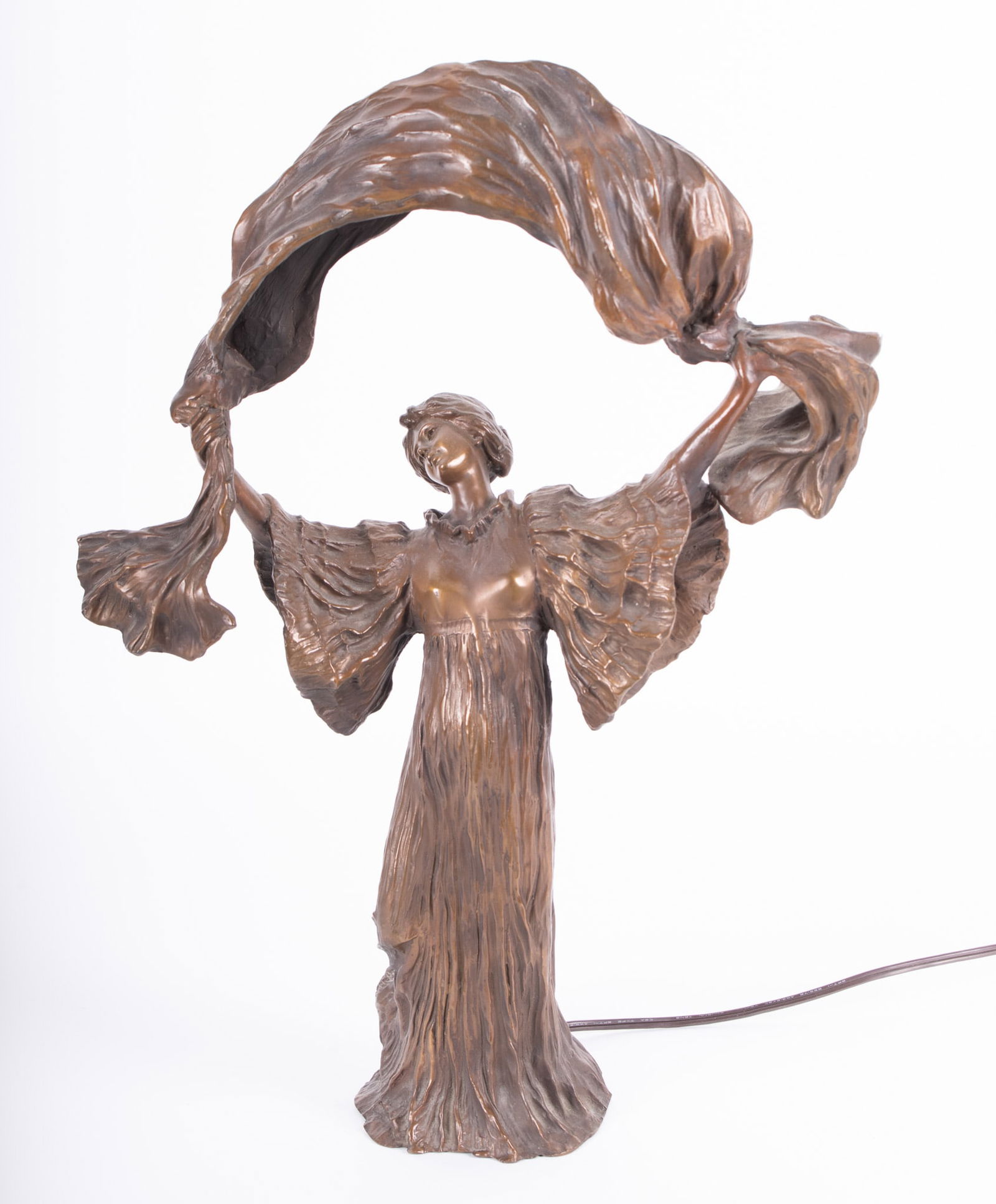 An Art Nouveau Bronze Table Lamp, Dancer with Scarf after Agathon Leonard: An Art Nouveau Bronze Table Lamp, Dancer with Scarf after Agathon Leonard Late 20th century, a bronze Art Nouveau style sculpture in the manner of Agathon Leonard's Danseuse A L'Echarpe, likely