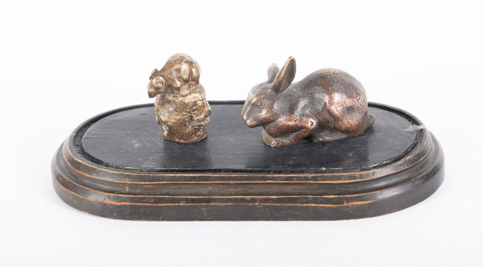 Miniature Bronzes of a Rabbit and a Mouse Perched on a Stone: Miniature Bronzes of a Rabbit and a Mouse Perched on a Stone The rabbit measures 2 1/4 inches long and the mouse stands 1 5/8 inches tall.