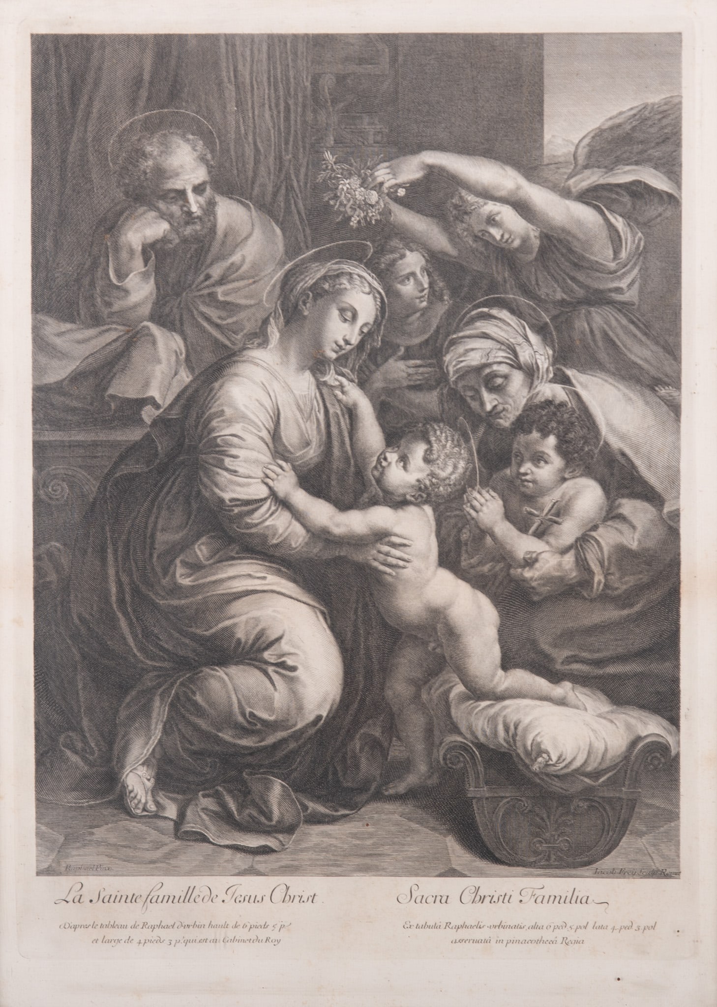 Jacob Frey, Swiss (1681-1752), after Raphael, La Sainte Famille de Jesus Christ, engraving: Jacob Frey Swiss, (1681-1752) after Raphael, La Sainte Famille de Jesus Christ engraving framed. 18 1/2 x 13 1/4 inches (visible); 21 3/4 x 16 1/4 inches (overall with frame)