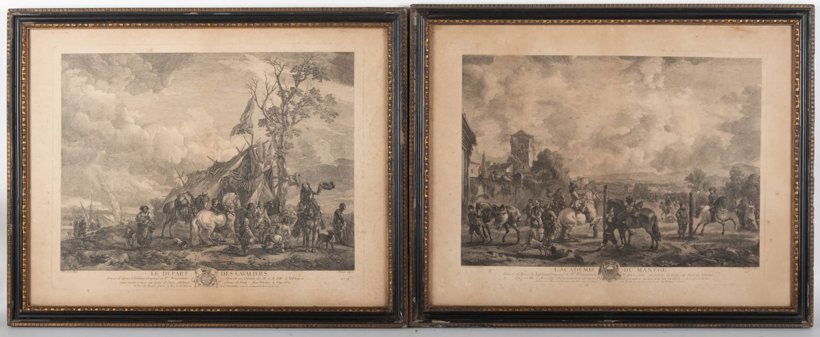 After Philips Wouwerman, Dutch (1619-1668), Le Depart des Cavaliers, Paris: Jean Moyreau, 1754;: After Philips Wouwerman Dutch, (1619-1668) Le Depart des Cavaliers, Paris: Jean Moyreau, 1754; together with L'Academie du Manege, 1742 two engravings framed. 17 x 22 inches (visible); 19 1/2 x 24
