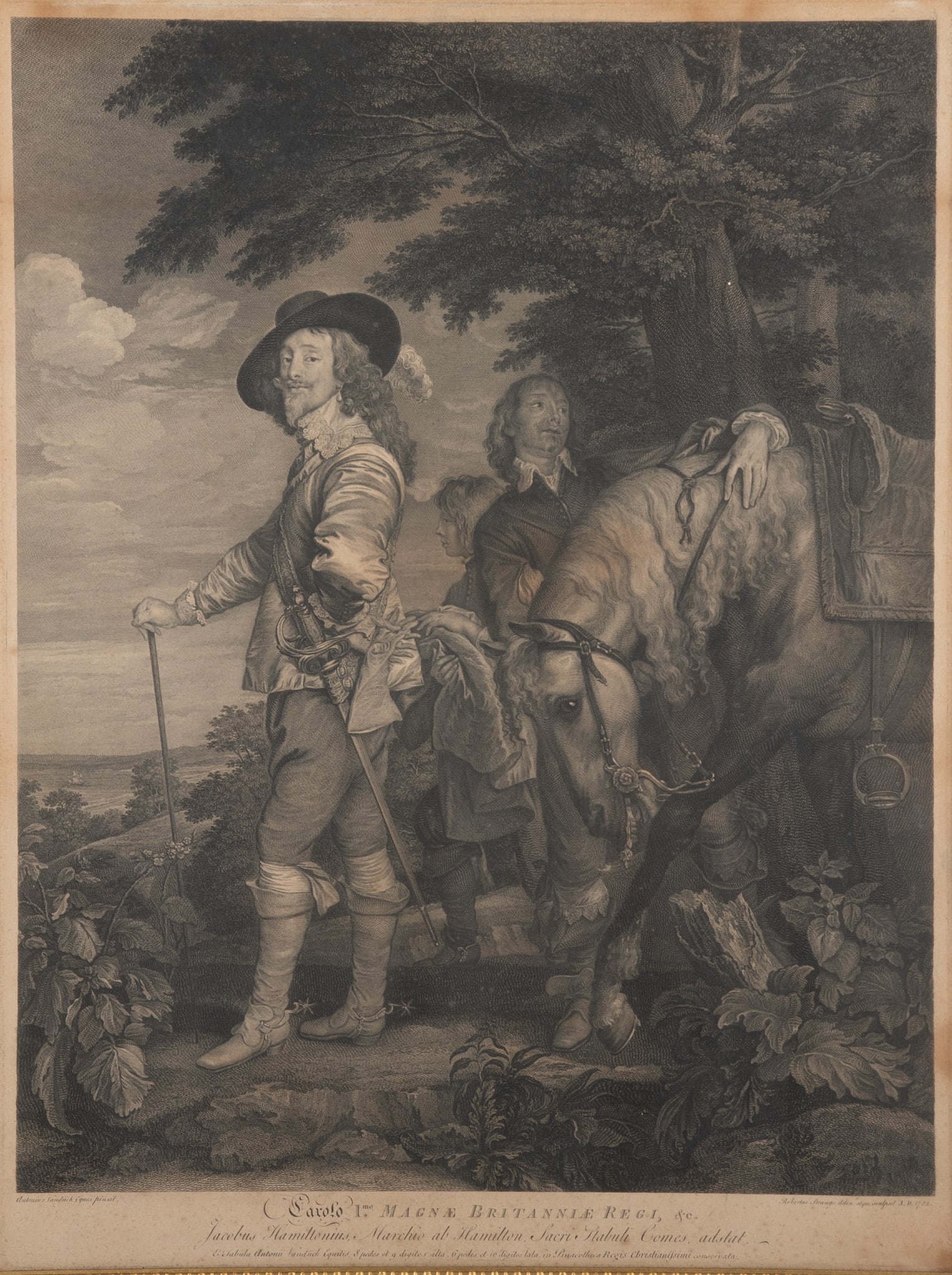 After Anthony Van Dyck, Charles I of England with the Duke of Hamilton, 1782, engraving by Robert: After Anthony Van Dyck Charles I of England with the Duke of Hamilton, 1782 engraving by Robert Strange in an ebonized and gilt wood frame 25 x 18 1/2 inches; 30 1/2 x 24 1/2 inches (overall with