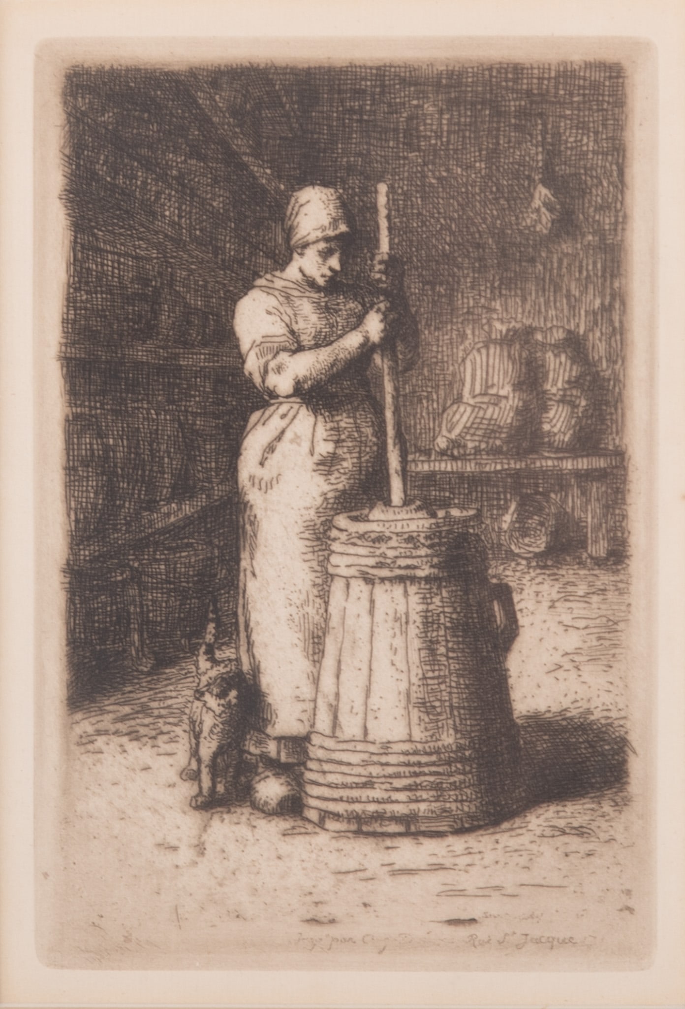Jean-Francois Millet, France (1814-1875), Woman Chirning Butter, etching: Jean-Francois MilletFrance, (1814-1875)Woman Chirning Butteretchingframed.6 3/4 x 4 1/2 inches (impression); 16 x 14 inches (overall with frame)