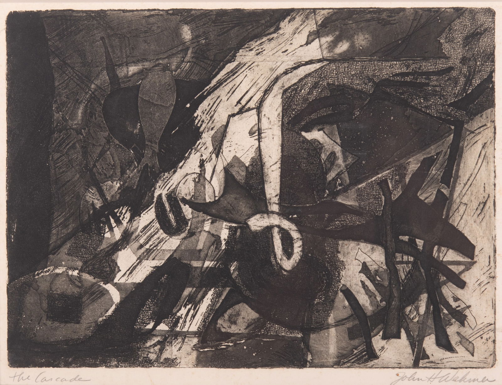 John Wehmer, Missouri (1927-2019), The Cascade, etching with aquatint: John WehmerMissouri, (1927-2019)The Cascadeetching with aquatintsigned and titled in pencil lower margin, matted, unframed.10 x 13 3/4 inches (impression); 16 1/2 x 19 1/2 inches (overall with matt)