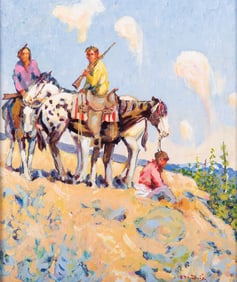 Robert H. Dick, Missouri (b. 1943), Taos Deer Hunters, oil on board