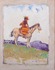 Robert H. Dick, Missouri (b. 1943), Native American on Horseback, oil on board