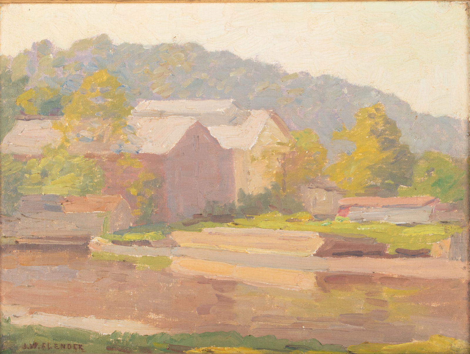 John W. Flender, American (1869-1942), Barn View, oil on board (1 of 5)