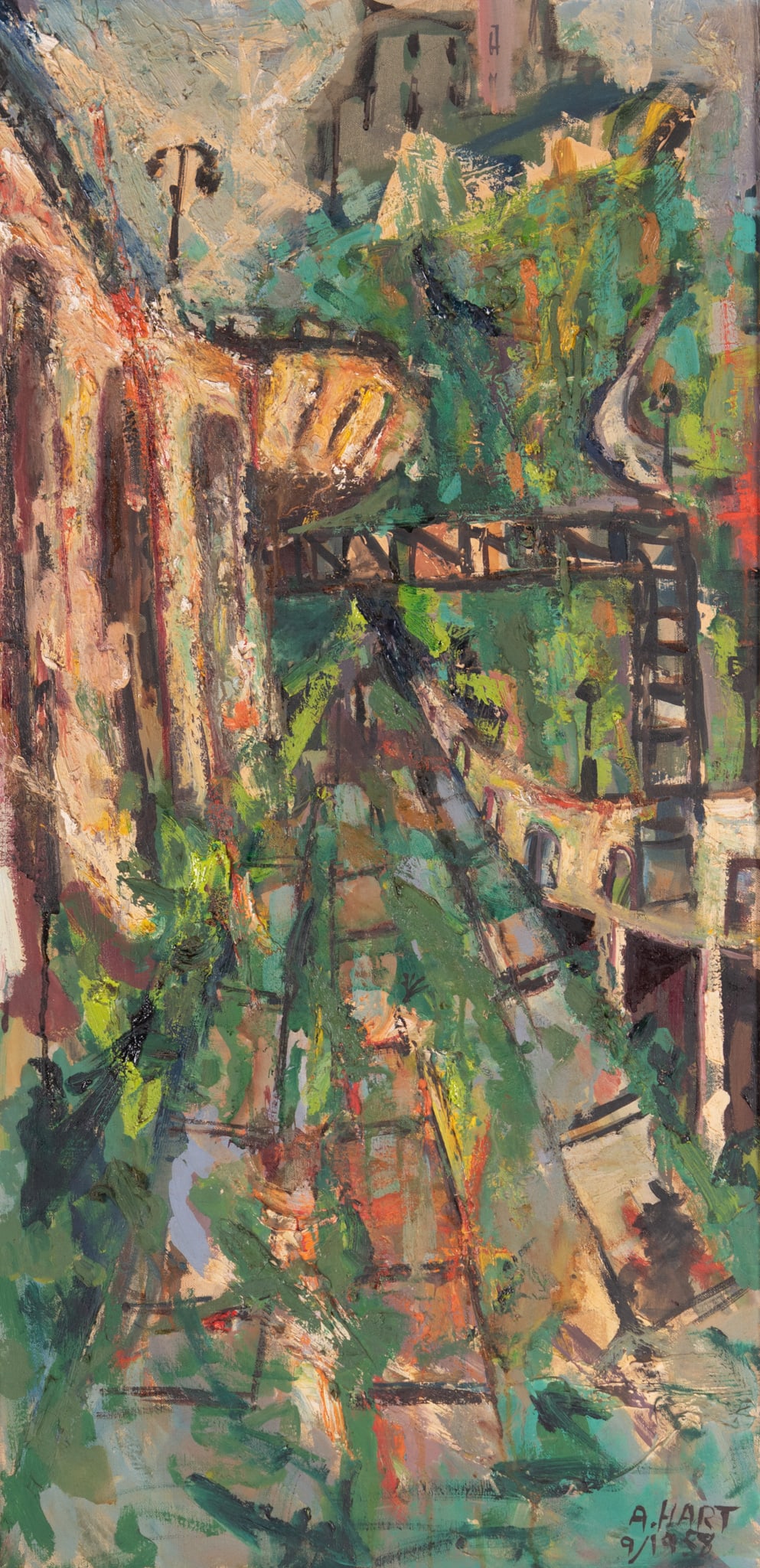 Allen M. Hart, New York / Mexico (1925-2014), Abstract Cityscape, 1958, oil on canvas: Allen M. HartNew York / Mexico, (1925-2014)Abstract Cityscape, 1958oil on canvassigned and dated lower right, framed.36 x 18 inches; 44 x 25 1/2 inches (overall with frame)