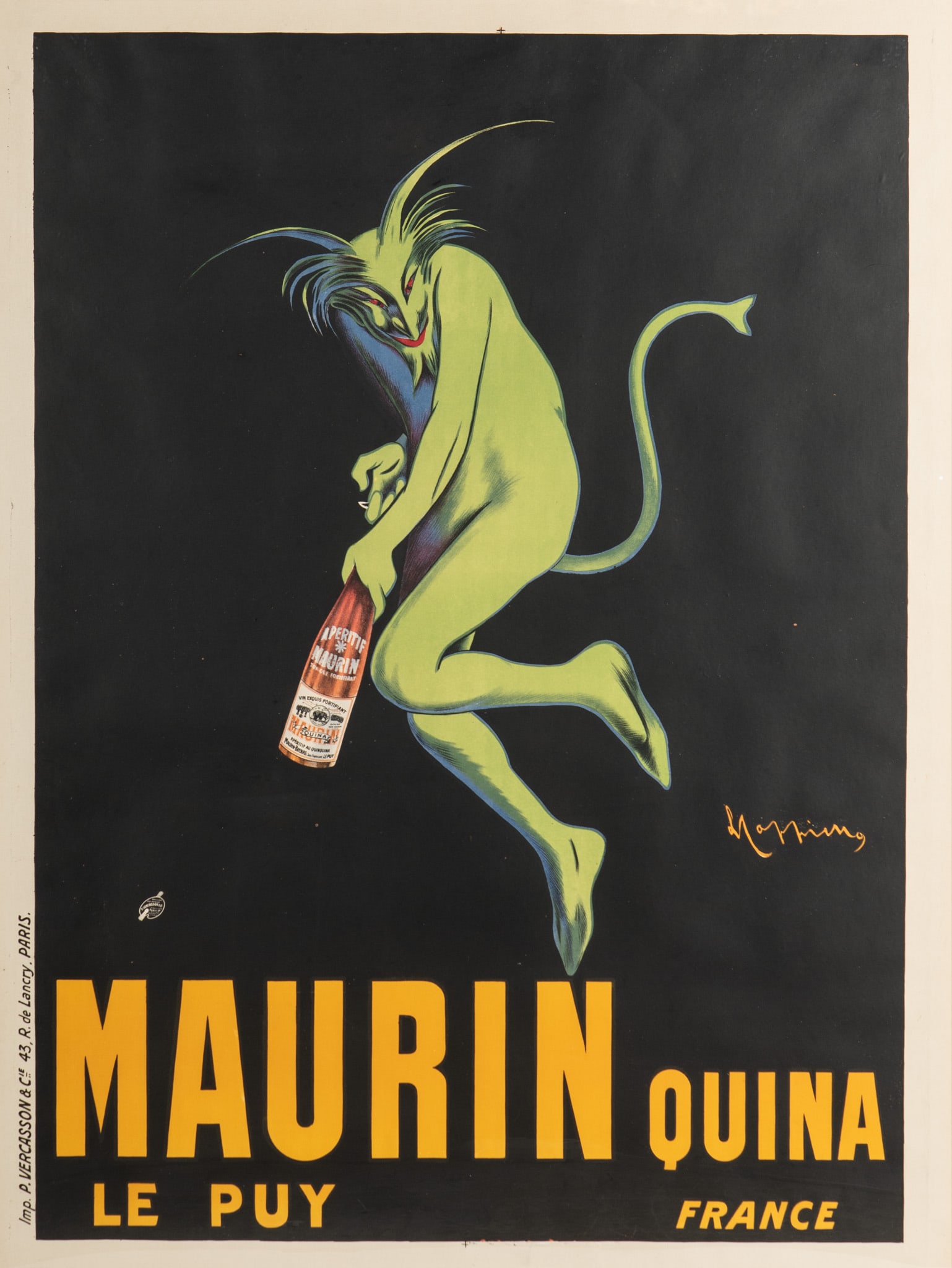 Leonetto Cappiello, French (1875-1942), Maurin Quina, vintage color lithographic poster, 1906: Leonetto CappielloFrench, (1875-1942)Maurin Quinavintage color lithographic poster, 1906Imp. P. Vercasson, Paris, framed, linen backed. 62 1/2 x 47 inches (visible); 67 1/2 x 51 1/2 inches (overall wi