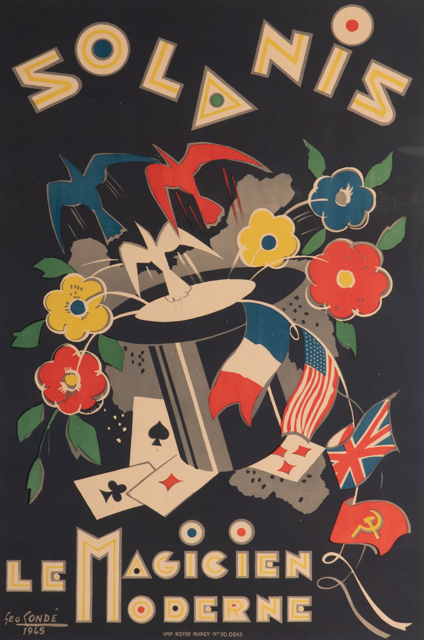 Georges Conde, French (1891-1980), Solanis le Magicien Moderne, 1945, color lithograph poster: Georges CondeFrench, (1891-1980)Solanis le Magicien Moderne, 1945color lithograph posteroriginal poster advertisement, framed.40 1/2 x 28 inches; 46 1/4 x 33 3/4 inches (overall with frame)